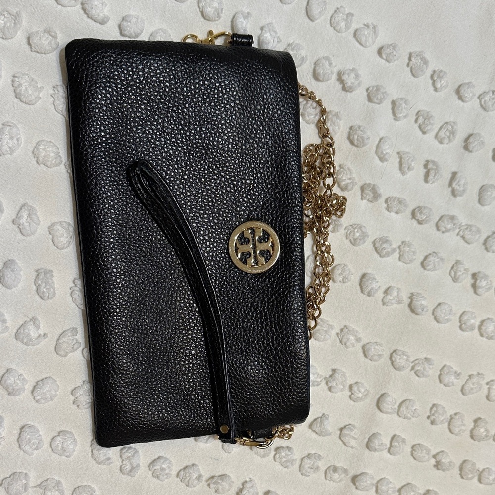 Black Leather Wristlet with Gold Chain